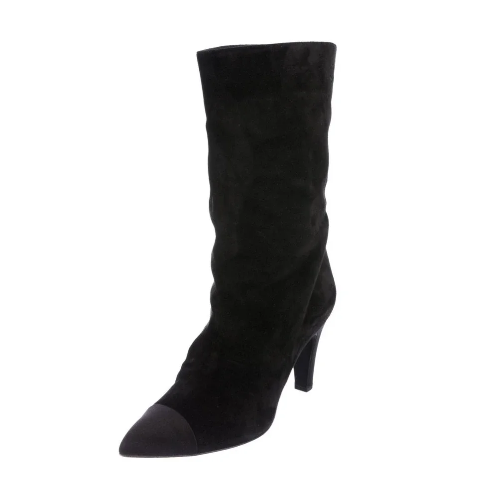 Chanel Black Suede Mid-Calf Boots Pointed Toe CC Logo Heels IT 39 US 9